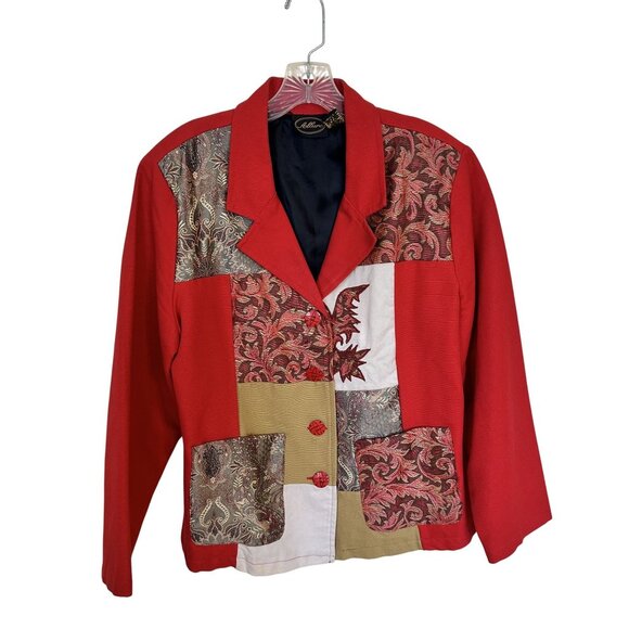 Vtg Allure Womens Red Patchwork Jacket Large Blazer Cotton Blend 1980s - Picture 1 of 7